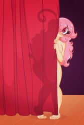 1girls behind_curtain blush breasts classic_enf_pose curtains embarrassed embarrassed_nude_female enf female hiding knees_together_feet_apart limbros melody_(limbros) nude pigeon-toed pink_hair tagme