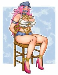 armband ball_gag bdsm_collar big_breasts blush bondage boundpretties breast_squeeze collar crotch_rope gag gagged military_hat poison_(final_fight) rope_between_breasts rope_harness short_shorts street_fighter tied_to_chair top