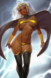 bikini cape dark-skinned_female didi_esmeralda headwear large_breasts long_hair marvel marvel_comics ororo_munroe silver_hair storm_(x-men) thighhighs voluptuous