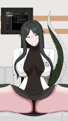 black_hair black_skirt breasts female glasses labcoat large_breasts lizard_tail long_hair looking_at_viewer monster_girl reptile_girl scales scp-682 scp_foundation sitting skirt smile solo spread_legs tail thighs turtleneck underwear yellow_eyes