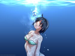 asphyxiation at_night_in_a_party:_the_whisper_of_the_sea big_breasts bikini black_hair breasts closed_eyes collarbone drowning female female_only foxeye_(artist) foxeye_limited_game_collection game_cg green_bikini imminent_death karin_(foxeye) navel original peril solo solo_female strapless_bikini strapless_bra swimming swimsuit underwater