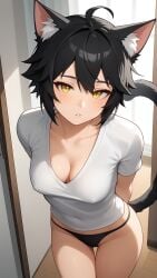 ai_generated bankonit bedroom black_hair black_panties blush cat_ears catgirl cleavage down_blouse female freckles freckles_on_breasts freckles_on_face from_above hands_behind_back head_tilt looking_at_viewer nipples_visible_through_clothing original_character panties parted_lips shirt short_hair stable_diffusion t-shirt tail thighs tight_clothing tilted_head yellow_eyes