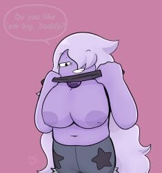 1girls amethyst_(steven_universe) big_breasts black_eyes breasts breasts_out cartoon_network chubby chubby_female dark_star_odyssey english english_text female female female_only gem_(species) gem_on_chest huge_breasts humanoid large_breasts light_purple_hair long_hair looking_at_viewer nipples no_bra no_irises purple_skin simple_background smile smiling_at_viewer solo solo_female steven_universe text text_bubble topless undressing upper_body watermark