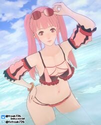 1girls 3d alternate_costume bangs bare_arms bare_midriff bare_shoulders bare_thighs beach bent_over bikini breasts collarbone fefreak726 female female_only fire_emblem fire_emblem:_three_houses fire_emblem_heroes hilda_valentine_goneril_(summer) leaning_forward long_hair looking_at_viewer medium_breasts midriff navel nintendo ocean official_alternate_costume outdoors pink_bikini pink_eyes pink_hair pink_swimsuit shoulders smile solo sunglasses sunglasses_on_head swimsuit thighs twintails