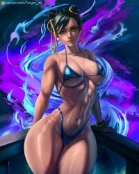 abs amber_eyes asian_female athletic_female bikini black_hair capcom chun-li cleavage fit_female hair_bun large_breasts looking_at_viewer street_fighter thick_thighs tonyraart