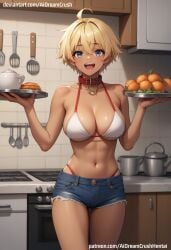 ahoge ai_generated aidreamcrush bikini blonde_hair breasts collar female female hair happy shorts solo