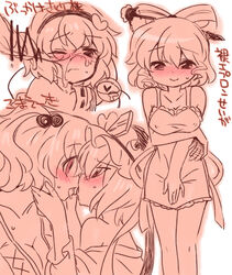 4girls apron blush breasts censored cleavage cum eiki_shiki eromame eyebrows female hair_bobbles hair_ornament hair_ribbon hair_stick hairband hat heart kissing komachi_onozuka monochrome multiple_girls naked_apron off_shoulder penis ribbon satori_komeiji seiga_kaku short_hair smile third_eye touhou two_side_up wink yuri