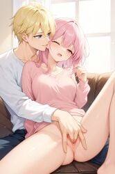 1boy 1girls ai_generated anus blonde_hair blush bottomless bottomless_female breasts comfyui couple female fingering fingering_partner fingering_pussy hair_between_eyes hand_up hassaku_(model) hassaku_xl indoors long_hair long_sleeves looking_at_another male male/female milua one_eye_closed open_mouth original pants pink_eyes pink_hair pink_shirt pussy pussy_juice self_upload shirt short_hair sitting spread_legs straight straight_couple uncensored white_shirt