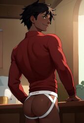 adventure_time ai_generated ass back biceps black_hair blush cartoon_network dark_skin gay green_eyes jockstrap jockstrap_only looking_at_viewer looking_back male male_only marshall_lee muscular muscular_male no_pants smile toned_body toned_male twall97