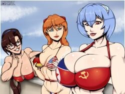 3girls american_flag american_flag_bikini asuka_langley_sohryu big_breasts chinese_flag female flag_bikini germany_flag huge_breasts mari_illustrious_makinami neon_genesis_evangelion north_korean_flag rei_ayanami romman08 russian_flag