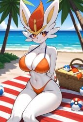 ai_generated anthro big_breasts bikini breasts cinderace creatures_(company) female furry game_freak gamefreak kemonogirls large_breasts nintendo orange_bikini orange_swimwear pokemon pokemon_(species) revealing_clothes solo swimsuit swimwear