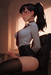 1futa ai_generated black_skirt black_thighhighs blush bottomless bottomless_futanari chair collared_shirt dark_cultist desk dickgirl earrings erect_penis erection from_side futa_only futa_sans_pussy futanari high-waist_skirt huge_cock indoors large_breasts long_sleeves looking_at_viewer medium_hair miniskirt necktie no_panties office_lady parted_lips pencil_skirt penis penis_out ponytail self_upload shirt sitting sitting_on_chair skirt solo solo_futa thighhighs thighs white_shirt window