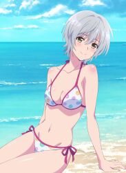 1girls beach bikini grey_hair kikuchi_fuuka megami_no_kafeterasu short_hair side-tie_bikini sitting small_breasts solo swimsuit tagme