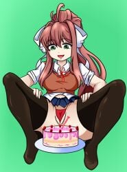 1girls big_breasts big_thighs birthday brown_hair cake cleavage doki_doki_literature_club green_eyes hair_ribbon monika_(doki_doki_literature_club) panties ponytail royalmcgun77 sitting solo spread_legs thighs white_bow white_ribbon