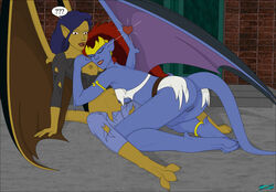 2girls ass blue-skinned_female blue_skin breasts brown-skinned_female brown_skin demona disney elisa_maza elisa_maza_(gargoyled) fab3716 female fit fit_female gargoyles humanoid jeans lesbian loincloth mature mature_female nipples nude nude_female pussy tail top torn_clothes torn_clothing wings yuri