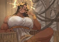 artist_request big_ass big_breasts black_hair god-emperor_of_mankind gown huge_breasts imperium_of_man long_hair rule_63 sitting_on_chair tanned tanned_female tanned_skin throne warhammer_(franchise) warhammer_40k yuusha_bear