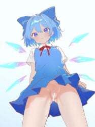 arms_at_sides blue_bow blue_eyes blue_hair bow cirno collared_shirt commentary_request contrapposto dot_nose double-parted_bangs dress female floating_clothes from_below frown hair_between_eyes hairbow highres ice ice_wings light_blush light_censor neck_ribbon no_panties pinafore_dress pleated_dress raised_eyebrows red_ribbon ribbon shirt short_hair short_sleeves simple_background sleeveless sleeveless_dress soara_shimomo solo touhou white_background white_shirt wings