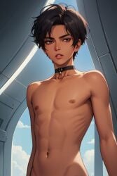 1boy 1femboy afroking ai_generated black_hair brown_eyes brunette brunette_hair choker exposed_breasts exposed_nipples exposed_torso femboy fit fit_male flat_chest flat_chested gay latino male naked naked_male navel sissy skinny solo tanned tanned_skin topless twink yaoi