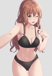 1girls bang_dream! belly black_bra black_panties black_underwear brown_hair green_eyes gyaru hi_res high_resolution highres imai_lisa light-skinned_female light_skin stomach