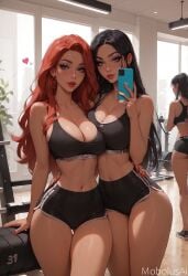 ai_generated big_breasts black_hair cleavage duo earrings female gym gym_clothes gym_uniform irelia_xan league_of_legends looking_at_viewer miss_fortune mobolusai red_hair selfie shorts sports_bra sweat teasing thick_thighs thigh_gap thighs thin_waist