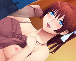 blue_eyes blush breasts brown_hair censored handjob yuzurihaya