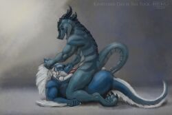 amazon_position anal anal_sex anthro anthro_on_anthro anthro_penetrated anthro_penetrating anthro_penetrating_anthro ass azskel balls blue_body blue_fur bodily_fluids dragon duo ear fur genitals hand_on_ear hand_on_head hi_res horn lying lying_on_ground male male/male male_penetrated male_penetrating male_penetrating_anthro male_penetrating_male mane markings multicolored_body multicolored_fur mythological_creature mythological_scalie mythology on_back on_ground oral oral_penetration penetration penile penile_penetration penis raised_tail reku_illustration scale_markings scales scalie sex simple_background sitting_on_another tail tail_fetish tail_fucking tail_fur tail_play tail_sex two_tone_body two_tone_fur white_body white_fur