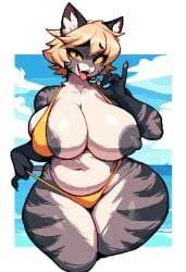 ai_generated beach big_ass big_breast big_butt bikini blonde_hair cellulite curvaceous feline female furry furry_female gray_fur nipples oc original original_character penetration seductive short_hair sweating tail