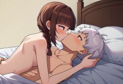 1boy 1girls adams_apple ahoge ai_generated akari_oborodzuka bed bedsheets blossomtea blunt_bangs blush bodies_pressed_together braid braided_hair breasts brown_hair canon_design civitai collarbone eyebrows eyebrows_visible_through_hair eyelashes french_kiss french_kissing genderswap_(ftm) hands_on_hair looking_at_each_other mai_shishikusa masa_works_design nude_female nude_male oni_to_kitsune_no_hanashi pillows red_eyes rule_63 self_upload straight sweat sweatdrops sweating white_bed_sheet white_hair