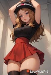 1girls ai_generated arms_above_head arms_up black_shirt blue_eyes blush blushed bound bound_wrists captured chained chained_wrists clothed cute cute_face female female female_focus from_below hat light_brown_hair long_hair looking_down medium_breasts nintendo pokemon pokemon_xy pussy pussy_peek red_skirt sarahvividart seductive serena_(pokemon) serena_(pokemon_games) shiny_skin shirt_tucked_in solo solo_focus thick_thighs