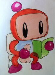 1boy almightyhans bomberman character_request gay holding_book male_only males_only masturbation penis reading sitting tagme white_background yaoi