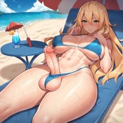 1futa abs ai_generated atago_(kantai_collection) beach blonde_hair blush clauss erect_penis erection futa_only futa_sans_pussy futanari green_eyes huge_cock kantai_collection large_breasts steaming_body sweat testicles thick_thighs