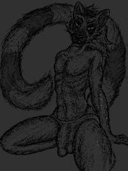 3:4 abs anthro athletic black_nose bulge clothed clothing digital_media_(artwork) fluffy fluffy_tail kneeling lemur long_tail looking_at_viewer male mammal monochrome nipples noodlybat_(artist) partially_clothed pixel_(artwork) primate ring-tailed_lemur solo strepsirrhine tail