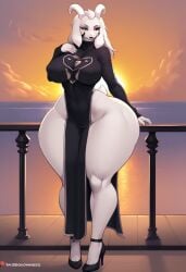 ai_generated animal_ears anthro artist_name asriel_dreemurr_(god_form) big_breasts bitch black_dress black_footwear black_lips cloud covered_navel covered_nipples curvy deezchucks dock dress female full_body furry furry_female goat goat_ears goat_horns high_heels horizon horns huge)ass huge_breasts kemono long_hair long_sleeves looking_away narrow_waist no_panties ocean outdoors partial_nudity patreon_username pelvic_curtain railing sea sexy_attire sky sleeves snout solo standing sunset thick_thighs thighs water white_fur white_hair wide_hips