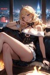 1girls ai_generated blonde_hair blue_eyes christmas christmas_outfit city_background crossed_legs female long_hair mario_(series) princess_peach sitting thick_thighs