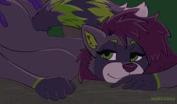 anthro bedroom_eyes dezyraccoon duo female fluffy fluffy_tail from_behind_position grabbing_sheets green_eyes hair hawkward_(artist) hi_res male male/female mammal narrowed_eyes procyonid purple_hair raccoon seductive sex tail