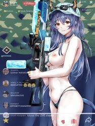 1girls 3_iq_tuna areolae arknights bare_shoulders belly big_breasts breasts breasts_out cap ch'en_(arknights) ch'en_the_holungday_(arknights) exposed_breasts female female_only gameplay_mechanics highleg_panties holding_weapon horns i_need_more_bullets light-skinned_female light_skin livestream looking_at_viewer meme navel nipples no_bra panties parted_lips red_eyes solo standing stomach sunglasses_on_head tail text user_interface