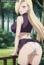 ai_generated aindroidparanoid ass ass_focus big_ass big_breasts blonde_hair boruto:_naruto_next_generations breasts busty cameltoe fat_ass female female_only fishnet fishnets flashing_panties forest green_eyes hips huge_breasts ino_yamanaka large_breasts long_hair naruto naruto_(classic) naruto_(series) naruto_shippuden ninja nipples one_eye_covered outdoors panties pulling_up_dress smile stable_diffusion straight_hair wide_hips