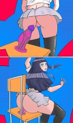 accidental_circumstance ass back_view chair comic dildo dildo_in_pussy embarrassed hyuuga_hinata hyuuga_hinata looking_back looking_pleasured naruto_(series) school_uniform short_sleeves skirt skirt_lift