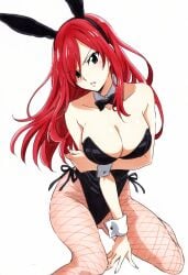 ai_assisted arm_under_breasts ass_visible_through_thighs bare_arms bare_shoulders big_breasts black_eyes black_leotard blush breasts bunny_ears bunnysuit cleavage covering_privates detached_collar erza_scarlet fairy_tail fishnet_pantyhose fishnets jei_games leotard long_hair parted_lips red_hair side-tie_leotard thighs wrist_cuffs