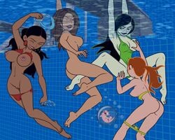 4girls black_hair bonnie_rockwaller breasts brown_hair dark-skinned_female dark_skin disney disney_channel female female_only gagala green_hair green_skin human human_only innie_pussy kim_possible kimberly_ann_possible monique_(kim_possible) multiple_girls nipples orange_hair pool pussy redhead rufus_(kim_possible) shego smile swimming_pool swimsuit toes undressing yuri