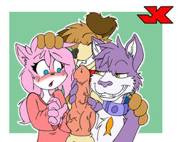 aeris_(vg_cats) anthro blue_eyes blush brown_fur canine closed_eyes crossover erection feline female fur furry grape_jelly_(housepets!) housepets! jk knot male open_mouth peanut_butter_(housepets!) penis pink_fur pink_hair purple_fur sheath smile threesome vein vg_cats webcomic yellow_eyes