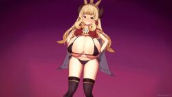 1girls 3d animated areolae bikini black_bra black_thighhighs blonde_hair blush bra breasts busty cagliostro_(granblue_fantasy) cape dance draph draph_race_(granblue_fantasy) female female_only gradient_background granblue_fantasy hands_on_hips horns huge_breasts koikatsu long_hair looking_at_viewer mokusheep naughty_face no_sound panties pori purple_eyes shortstack side-tie_panties smile smug solo tagme thick_thighs thighhighs tiara top_heavy video