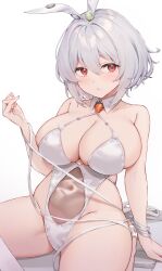 alternate_costume animal_ears azur_lane badge blush breasts cleavage closed_mouth covered_navel fake_animal_ears female grey_hair hair_between_eyes highleg highleg_leotard highres kimi_tsuru large_breasts leotard looking_at_viewer playboy_bunny rabbit_ears short_hair simple_background sirius_(azur_lane) sitting skindentation solo white_background white_leotard