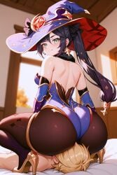 aether_(genshin_impact) ai_generated ass ass_focus ass_on_face bedroom blush bodystocking clothing face_in_ass facesitting genshin_impact happy huge_ass indoors looking_at_viewer mona_(genshin_impact) shiny_skin sitting_on_face sitting_on_person smiling_at_viewer sweat tight_clothing witch_hat