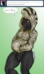 anthro badger breasts claws dialogue english_text female furry hair honey_badger hoodie jacket jeremy_mullins lying muscles muscular_female mustelid nipples nude on_back pussy standing stripes text water white_hair