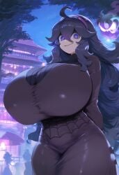 ai_generated big_breasts breasts breasts_bigger_than_head gigantic_breasts hex_maniac huge_breasts large_breasts nintendo pokemon purple_hair thick_thighs tight_clothing tight_fit top_heavy