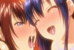 2girls animated blush bounce bouncing_breasts bra breasts clothing female happy_sex human large_breasts lowres male mizugi_kanojo nipples oral_sex orgasm panties straight subtitled threesome