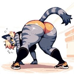 ai_generated back_view bent_over big_ass big_breast big_butt blonde_hair cellulite curvaceous feline female furry furry_female gray_fur gym gym_clothes gym_shorts nipples oc original original_character seductive short_hair sweating tail