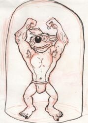 1boy 2020 2020s 5_toes anthro armpit_hair azul_(artist) bandicoot bulge crash_(series) crash_bandicoot fur furry furry_only jar male male_only marsupial monochrome muscular sketch solo video_games