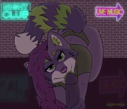 anthro bedroom_eyes clothing dezyraccoon duo fellatio female fluffy fluffy_tail genitals green_eyes hair hawkward_(artist) hi_res licking male male/female mammal narrowed_eyes neon_sign nightclub oral penile penis penis_lick procyonid purple_hair raccoon seductive sex sign tail tongue underwear